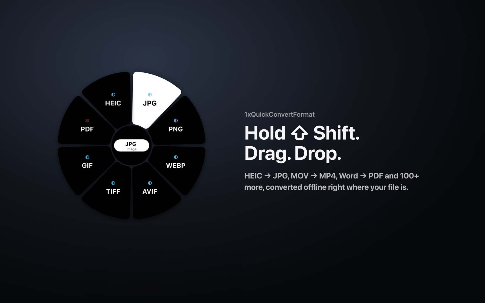 The 1xQuickConvertFormat format wheel offering JPG, PNG, WebP, AVIF, TIFF, GIF and PDF for a HEIC photo