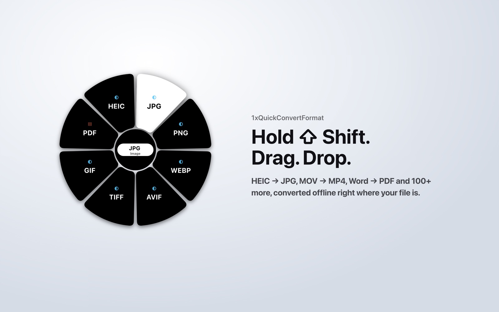 The 1xQuickConvertFormat format wheel offering JPG, PNG, WebP, AVIF, TIFF, GIF and PDF for a HEIC photo